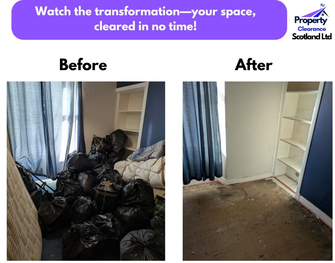 Bedroom clearance before and after — black bags and clutter removed by Property Clearance Scotland Ltd
