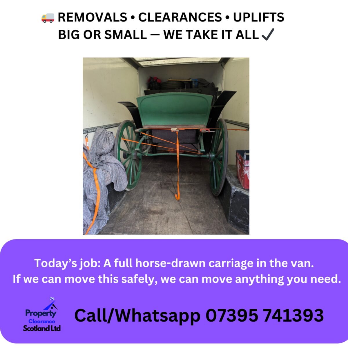 Property Clearance Scotland Ltd removing Victorian horse-drawn carriage — specialist unusual removals Central Scotland